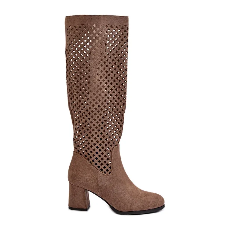 Beige Suede Openwork High Heel Boots Jolenna