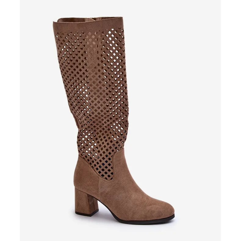 Beige Suede Openwork High Heel Boots Jolenna