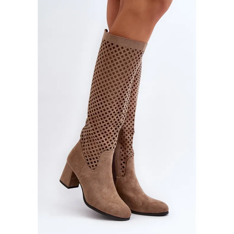 Beige Suede Openwork High Heel Boots Jolenna