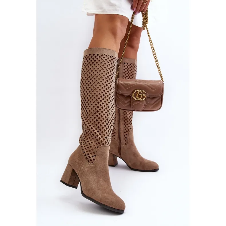 Beige Suede Openwork High Heel Boots Jolenna