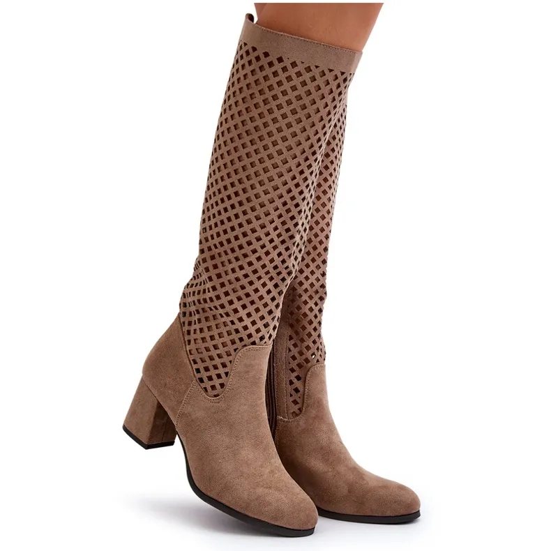 Beige Suede Openwork High Heel Boots Jolenna