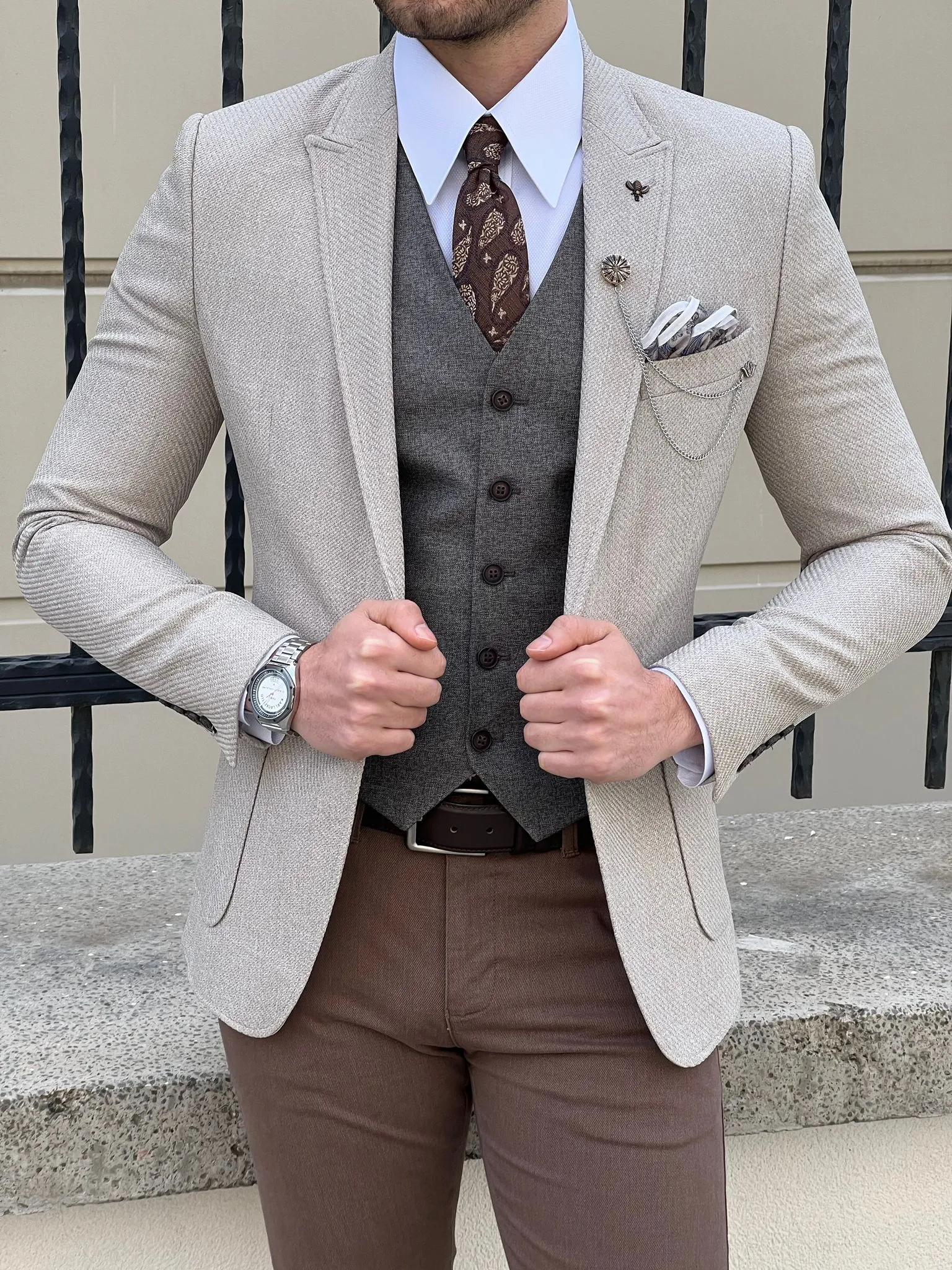 Bojoni Montebello Slim Fit High Quality Self-Patterned Beige Blazer