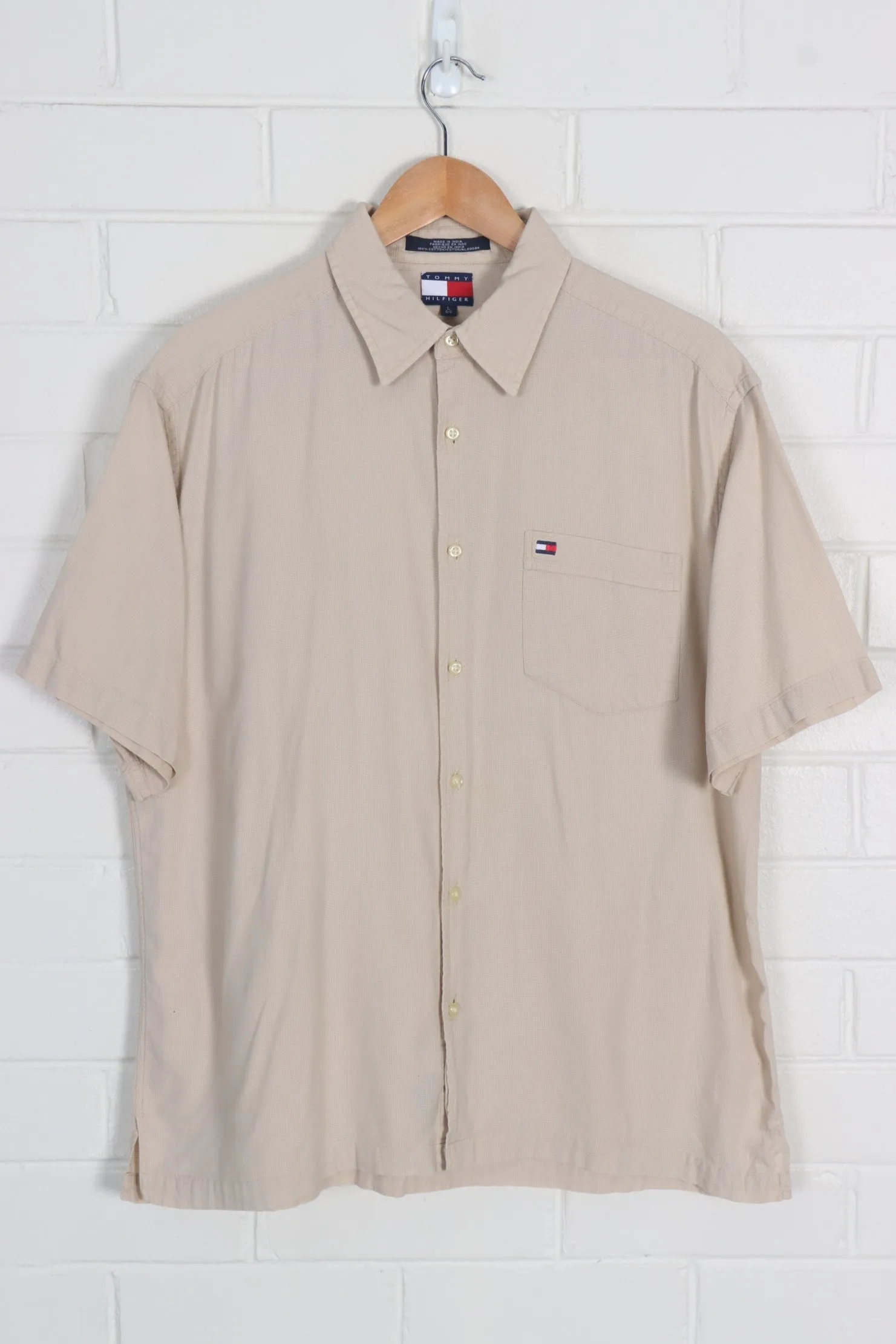 Bone TOMMY HILFIGER Box Logo Textured Short Sleeve Button Up Shirt (L-XL)