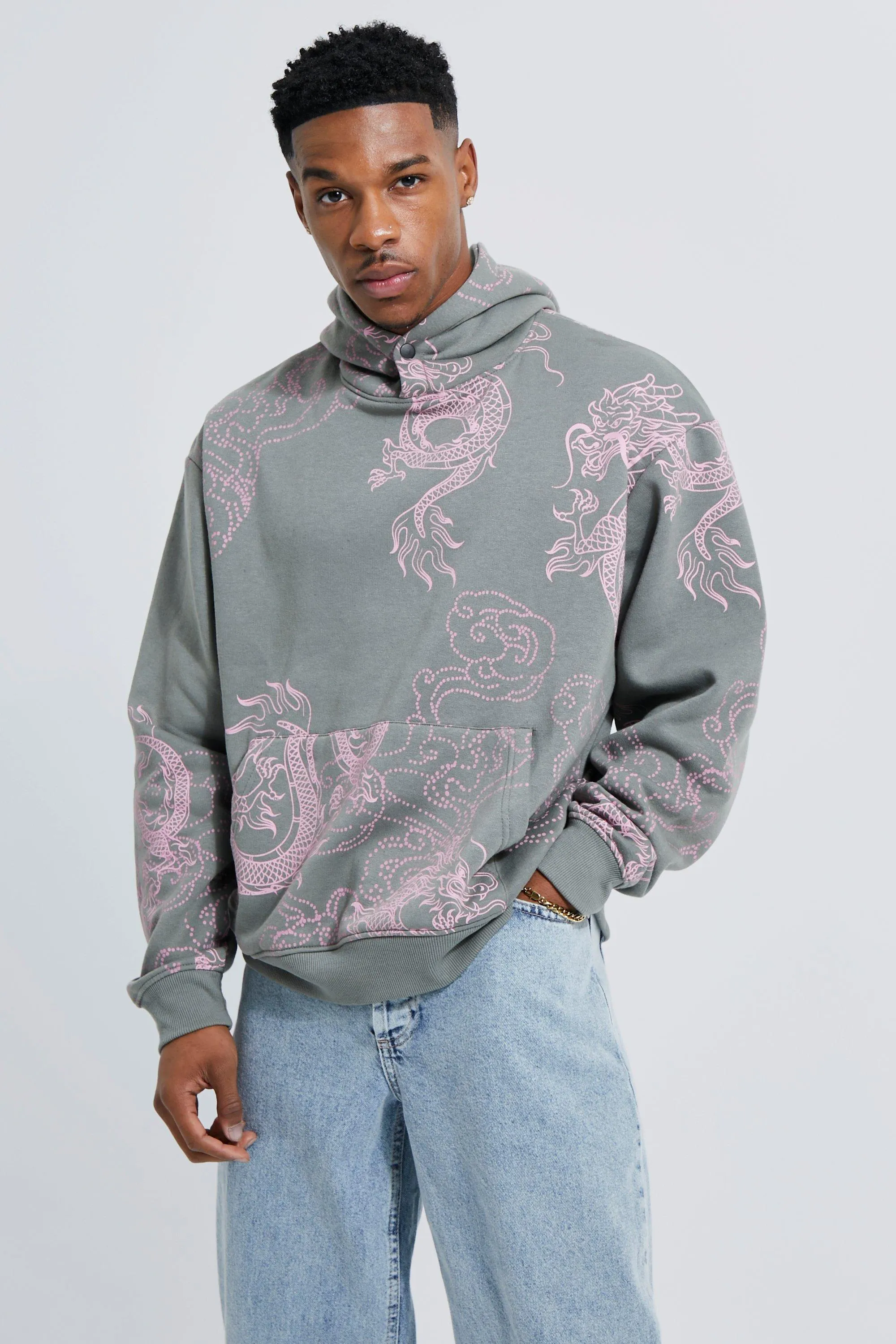 Boxy Fit Dragon Printed Hoodie