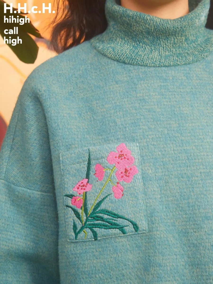 Butterfly Orchid Embroidery High-neck Sweater