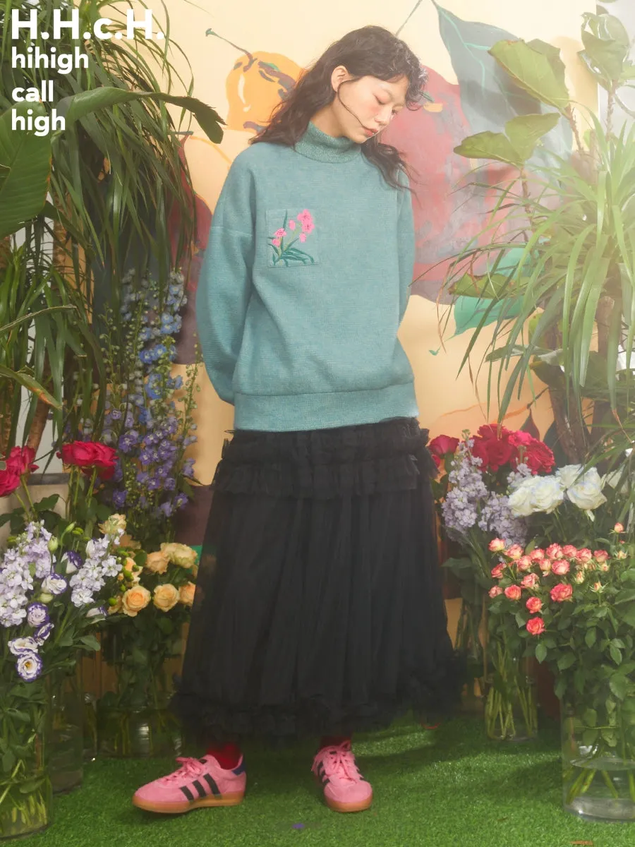 Butterfly Orchid Embroidery High-neck Sweater