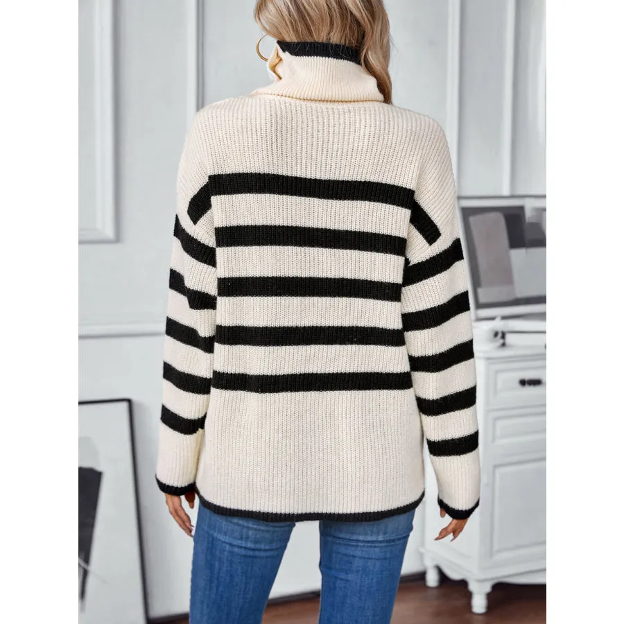 Buttoned Striped Long Sleeve Sweater