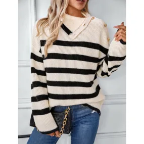 Buttoned Striped Long Sleeve Sweater