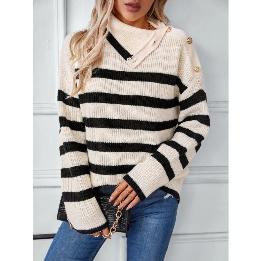 Buttoned Striped Long Sleeve Sweater