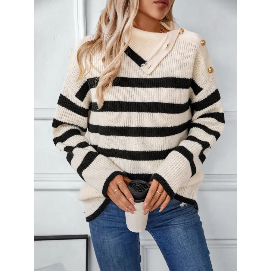 Buttoned Striped Long Sleeve Sweater