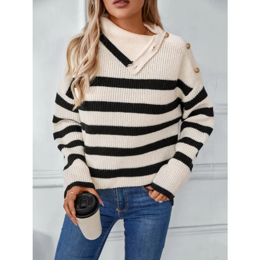 Buttoned Striped Long Sleeve Sweater