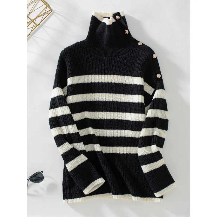 Buttoned Striped Long Sleeve Sweater