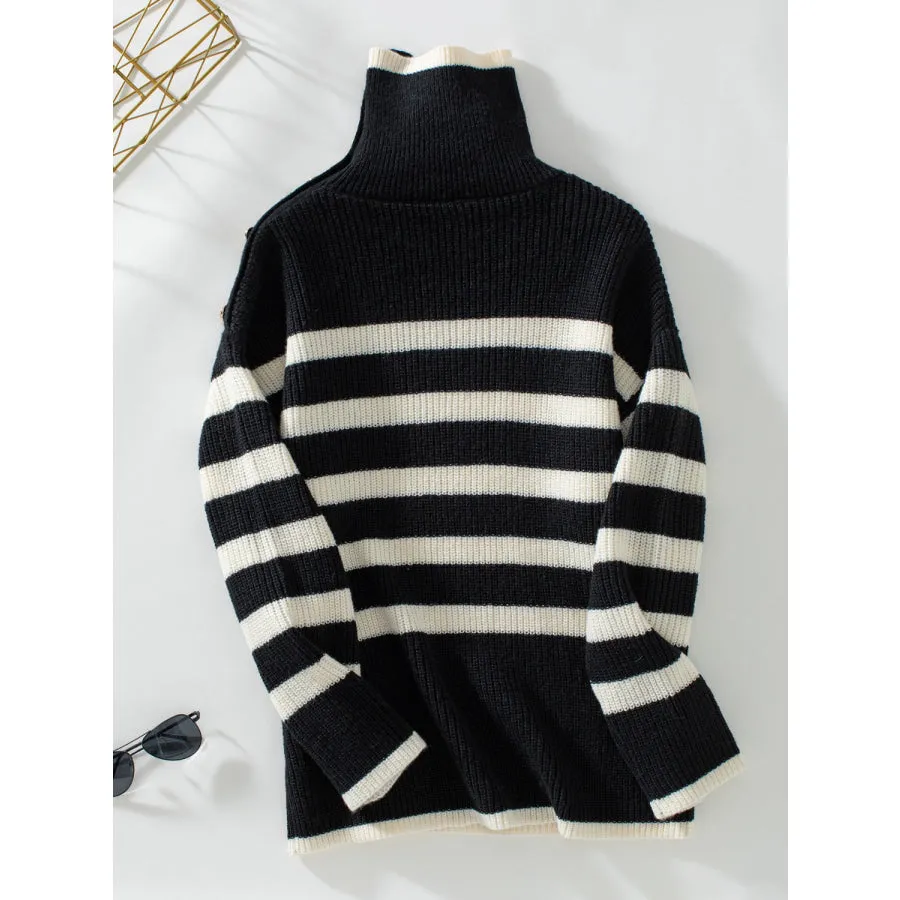 Buttoned Striped Long Sleeve Sweater