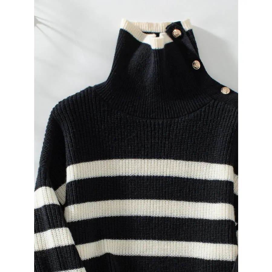 Buttoned Striped Long Sleeve Sweater