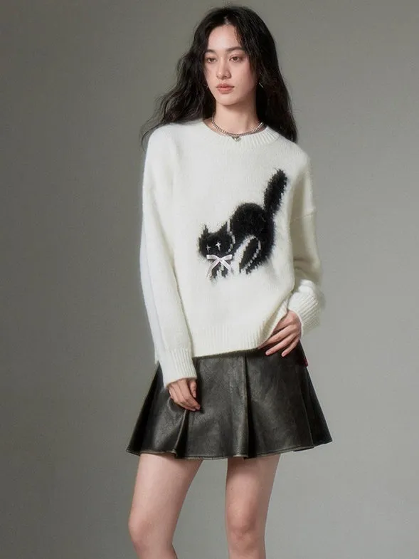 Cat Soft Waxy Round Neck Pullover Sweater