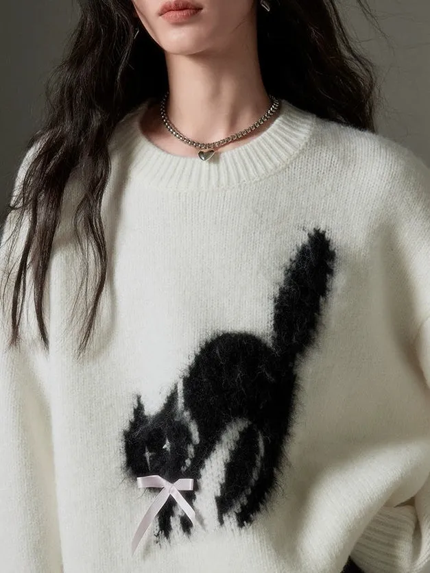 Cat Soft Waxy Round Neck Pullover Sweater