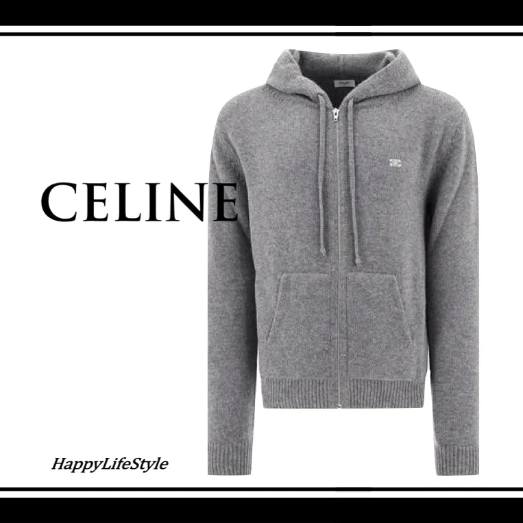 CELINE  |Wool Cashmere Long Sleeves Plain Logo Luxury Hoodies