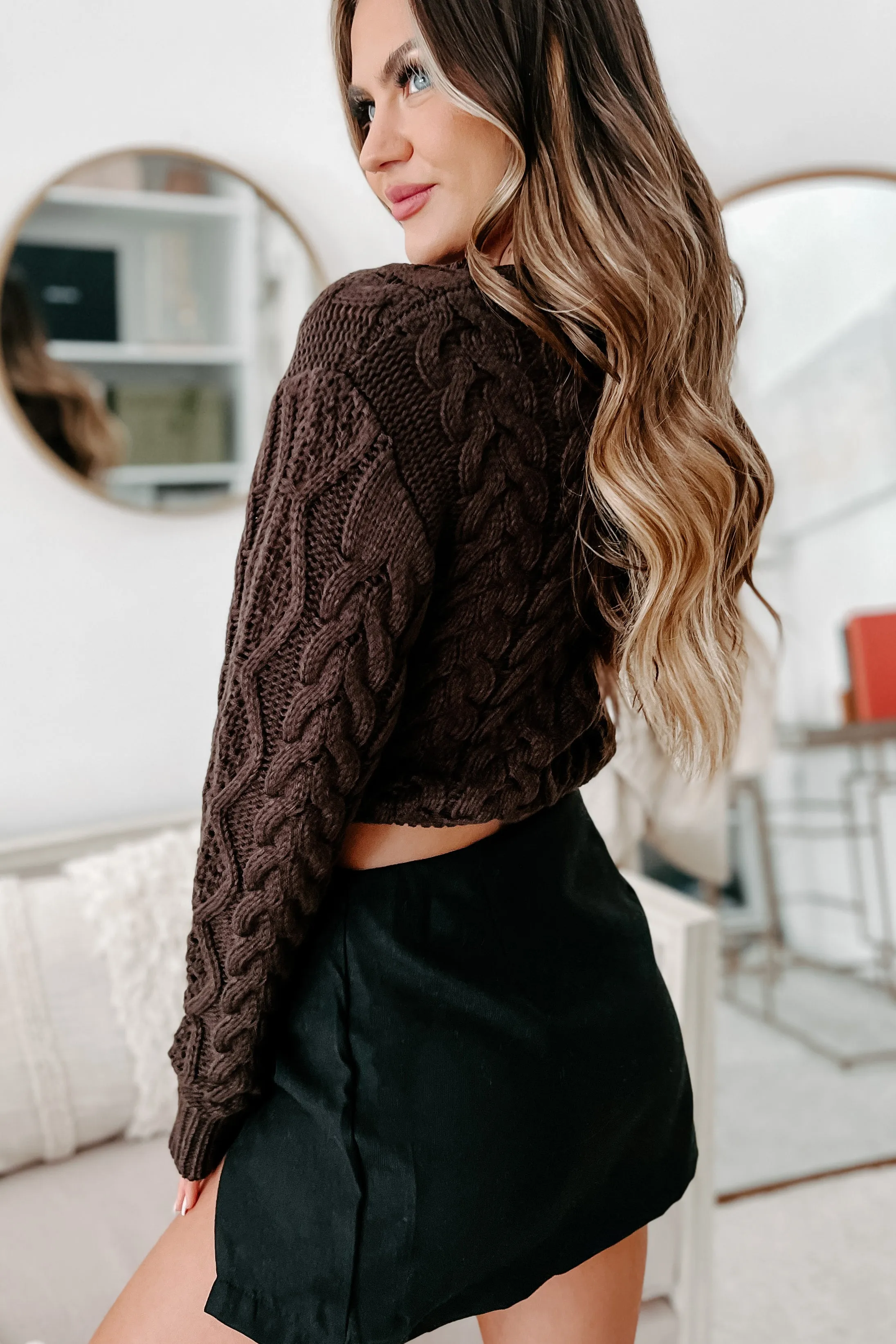 Cider Sips Cropped Cable Knit Sweater (Dark Chocolate)