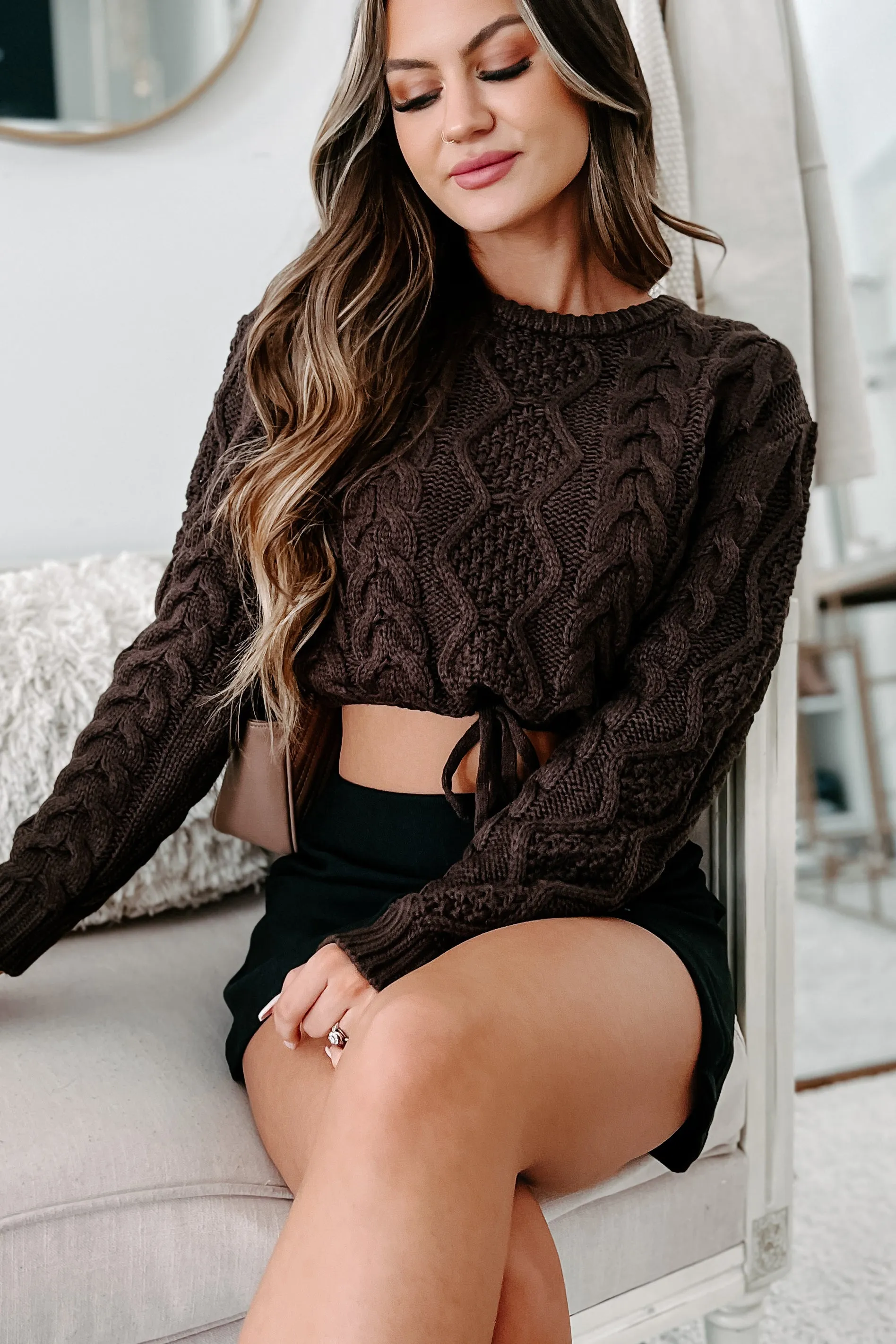 Cider Sips Cropped Cable Knit Sweater (Dark Chocolate)