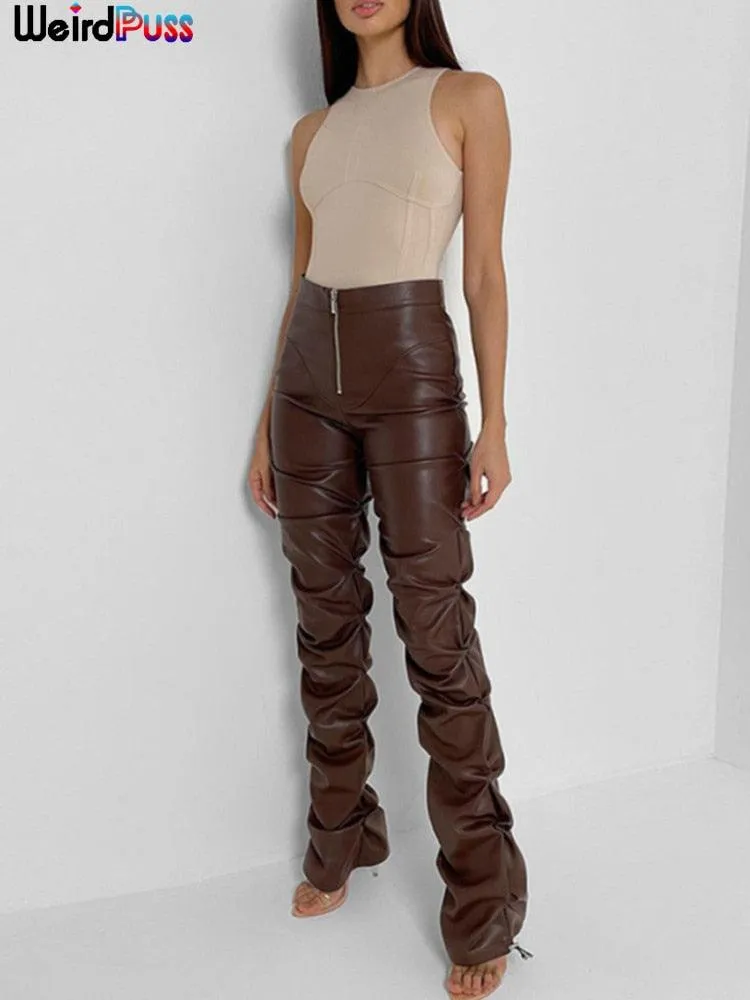 Cyber Vintage Faux Leather Pants - Weird Puss Design with Stacked Zipper, Side Slit, and Drawstring Detailing