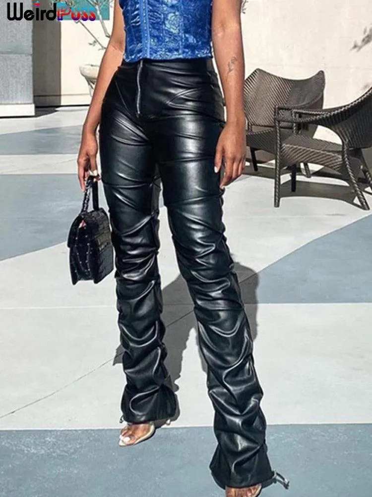 Cyber Vintage Faux Leather Pants - Weird Puss Design with Stacked Zipper, Side Slit, and Drawstring Detailing