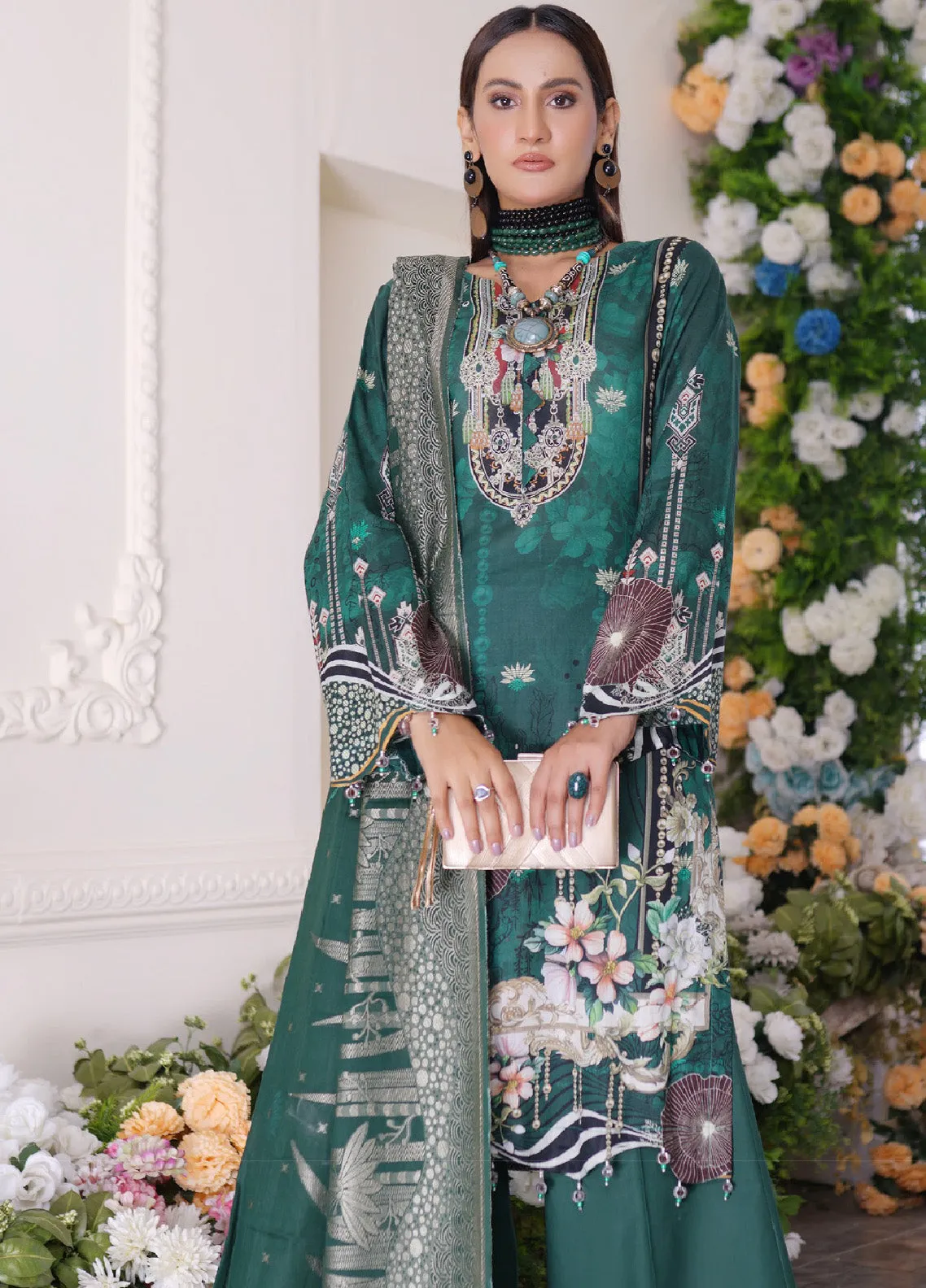 Firdous Fashion Printed Lawn Unstitched 3 Piece Suit - FF24PL F-03 JADE GREEN