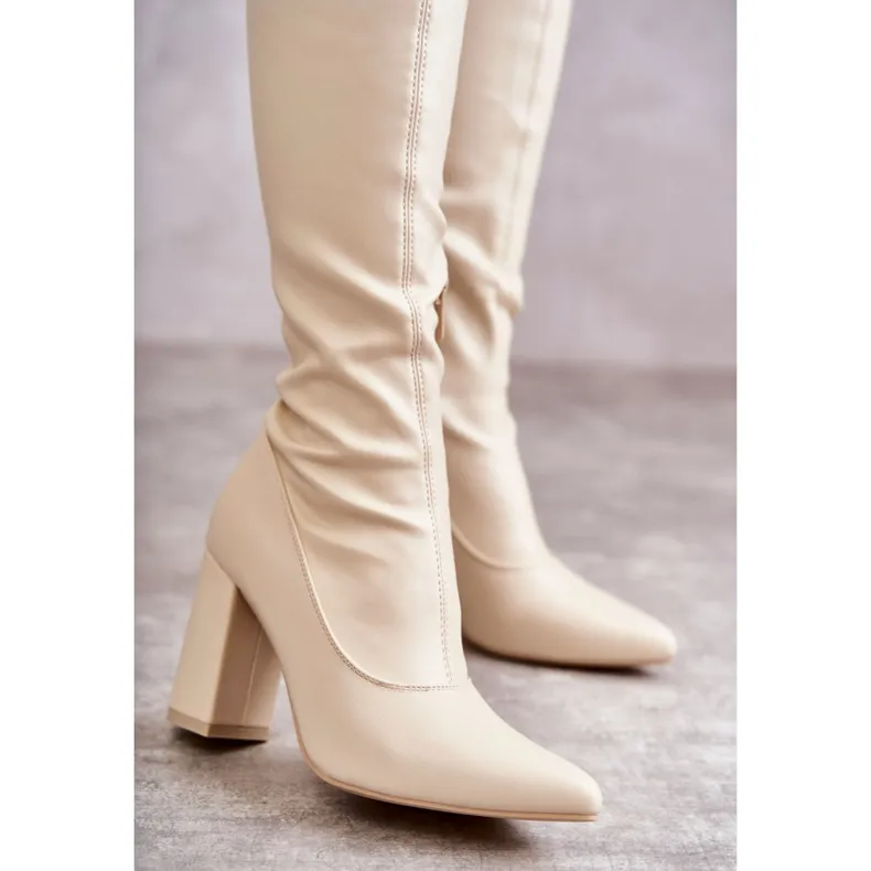 FS1 Leather High Heel Boots Beige Casto