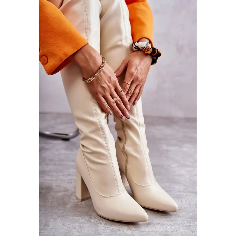 FS1 Leather High Heel Boots Beige Casto