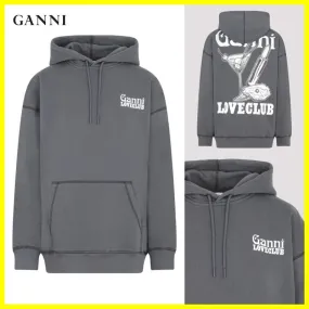 Ganni  |Long Sleeves Plain Cotton Logo Hoodies & Sweatshirts