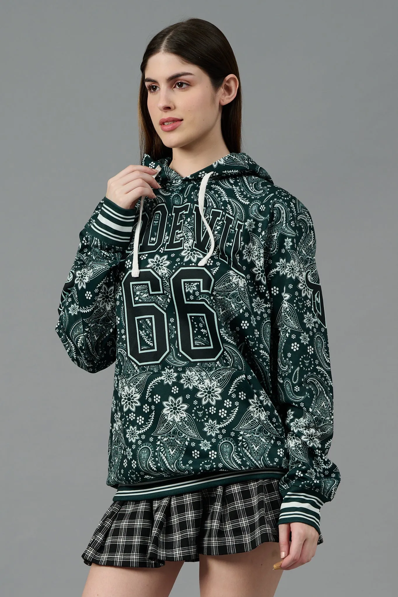 Go Devil 66 & Paisley Design Printed Dark Green Hoodie for Women