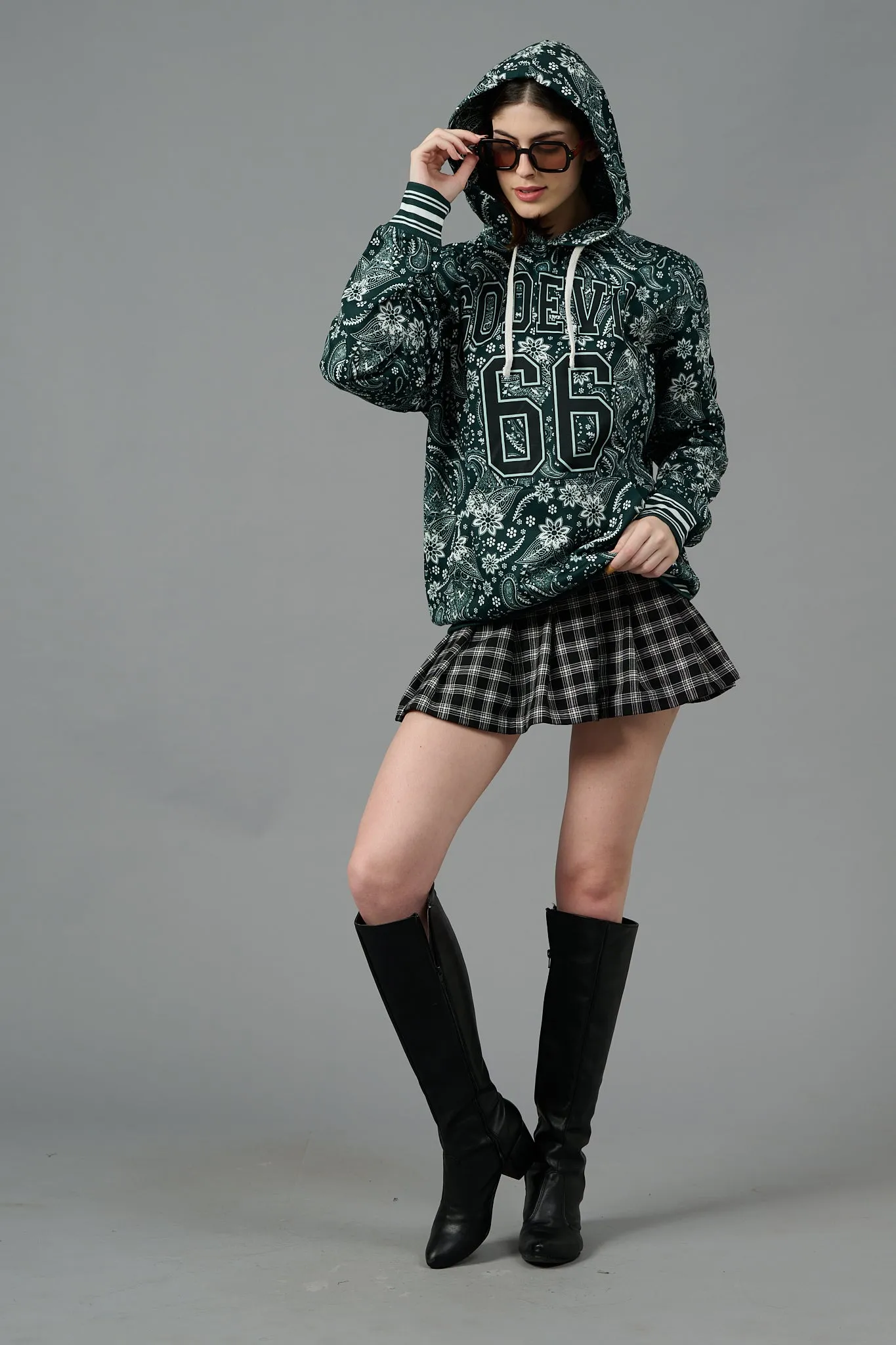 Go Devil 66 & Paisley Design Printed Dark Green Hoodie for Women