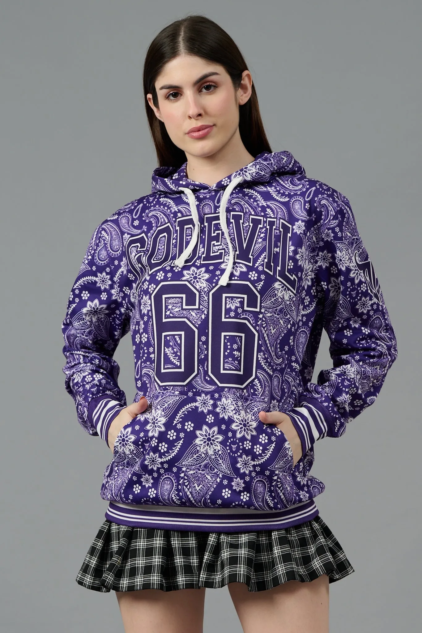 Go Devil 66 & Paisley Design Printed Purple Hoodie for Women