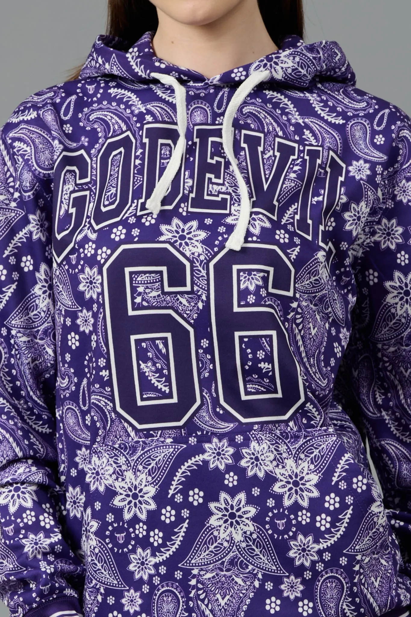 Go Devil 66 & Paisley Design Printed Purple Hoodie for Women