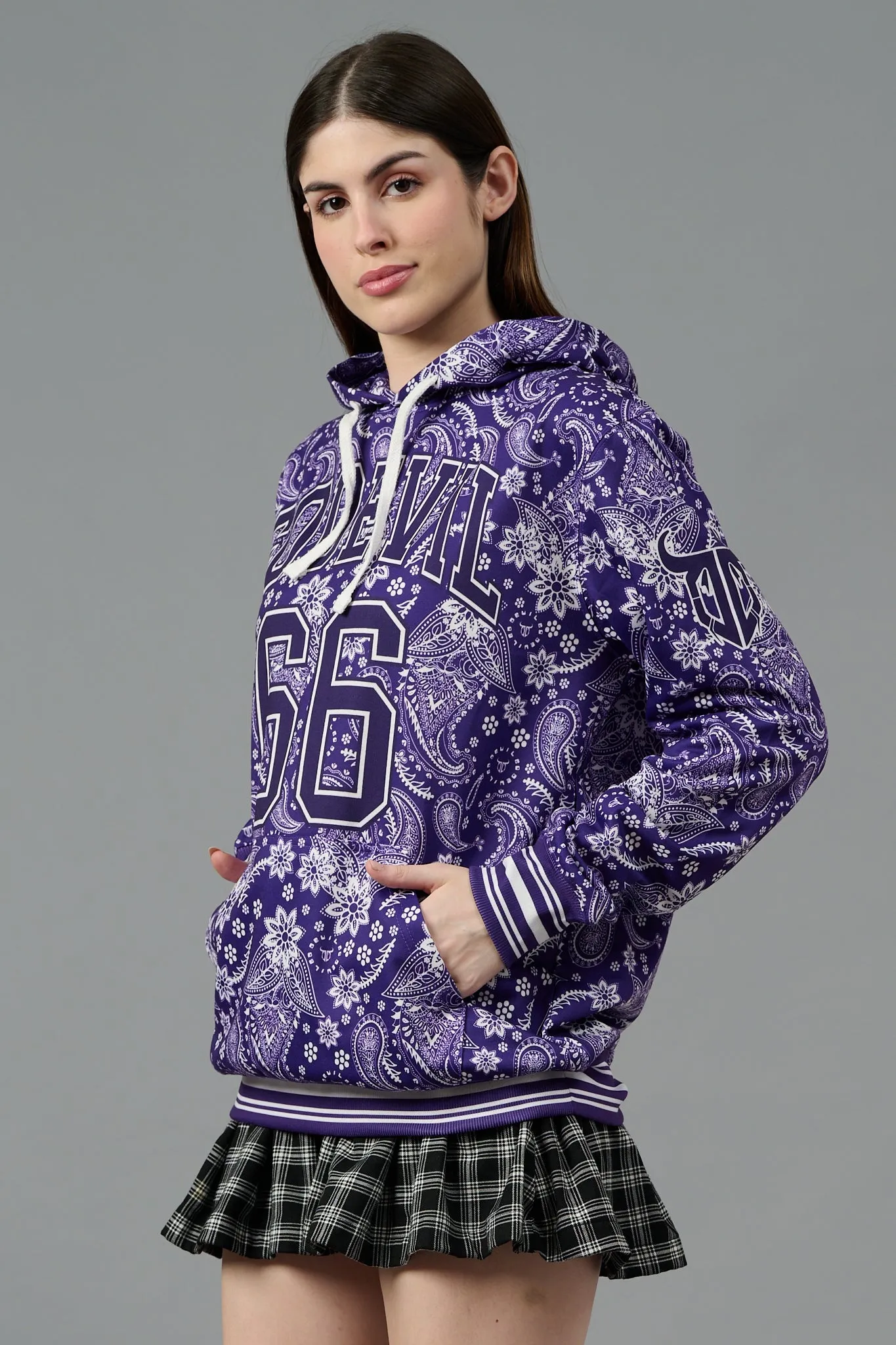 Go Devil 66 & Paisley Design Printed Purple Hoodie for Women