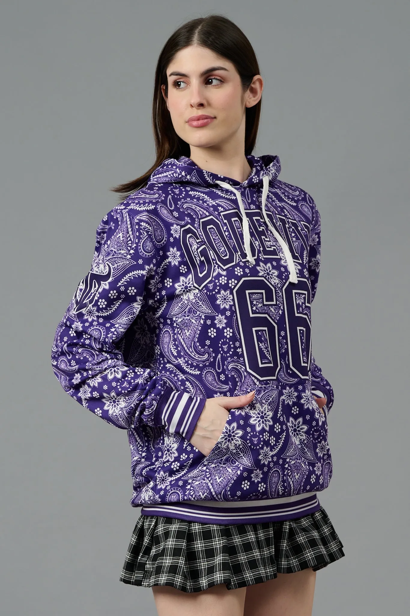 Go Devil 66 & Paisley Design Printed Purple Hoodie for Women