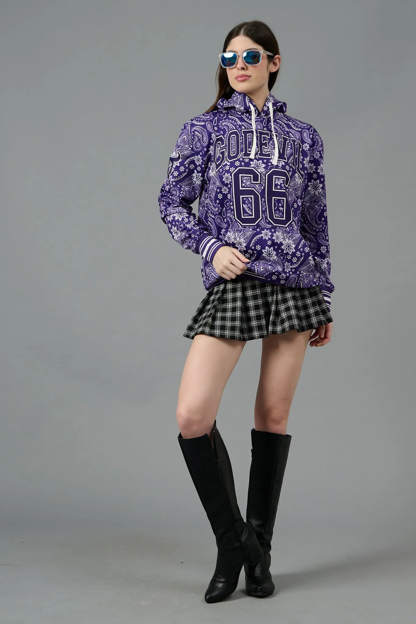 Go Devil 66 & Paisley Design Printed Purple Hoodie for Women