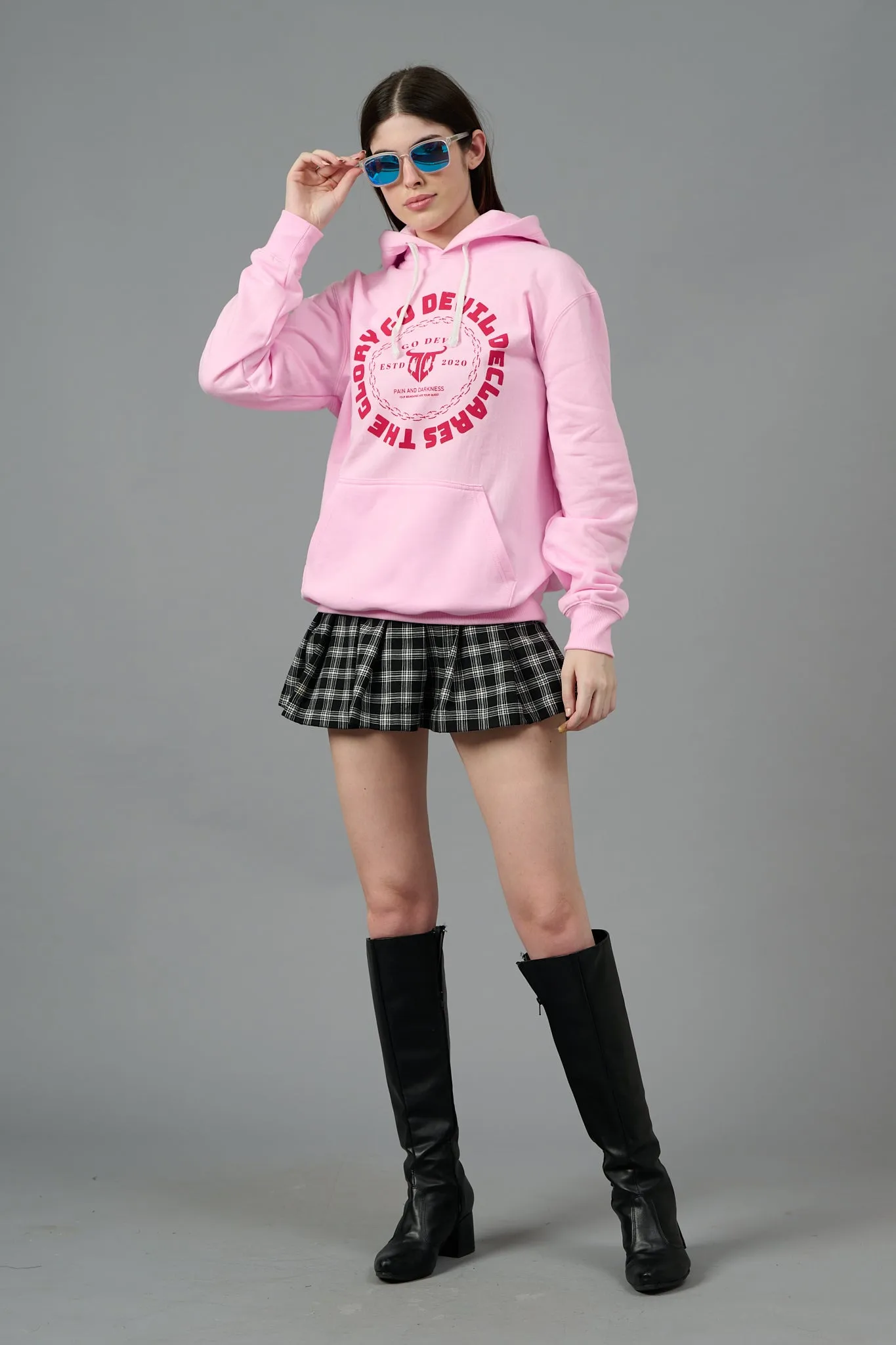 Go Devil Logo Printed Pink Hoodie for Women