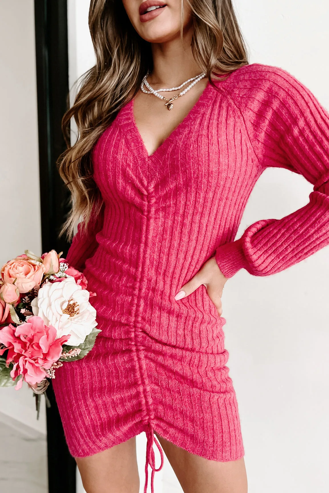 Good To Be Girly Ruched Front Sweater Dress (Wild Fuchsia)