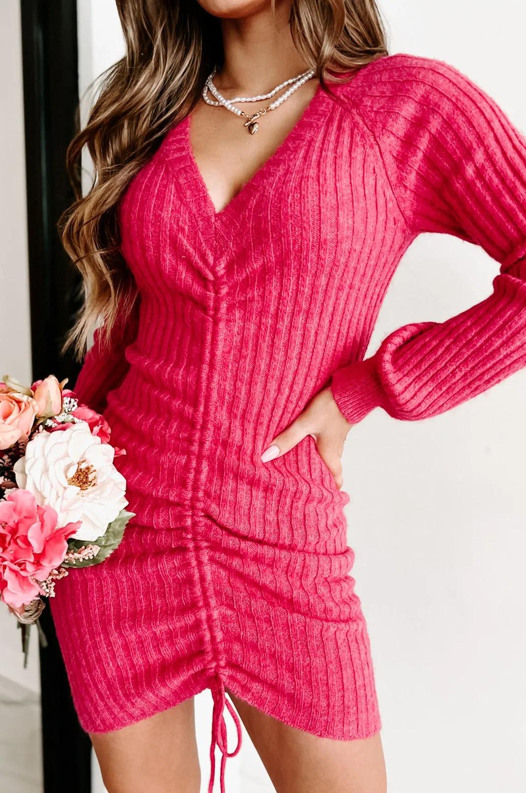 Good To Be Girly Ruched Front Sweater Dress (Wild Fuchsia)