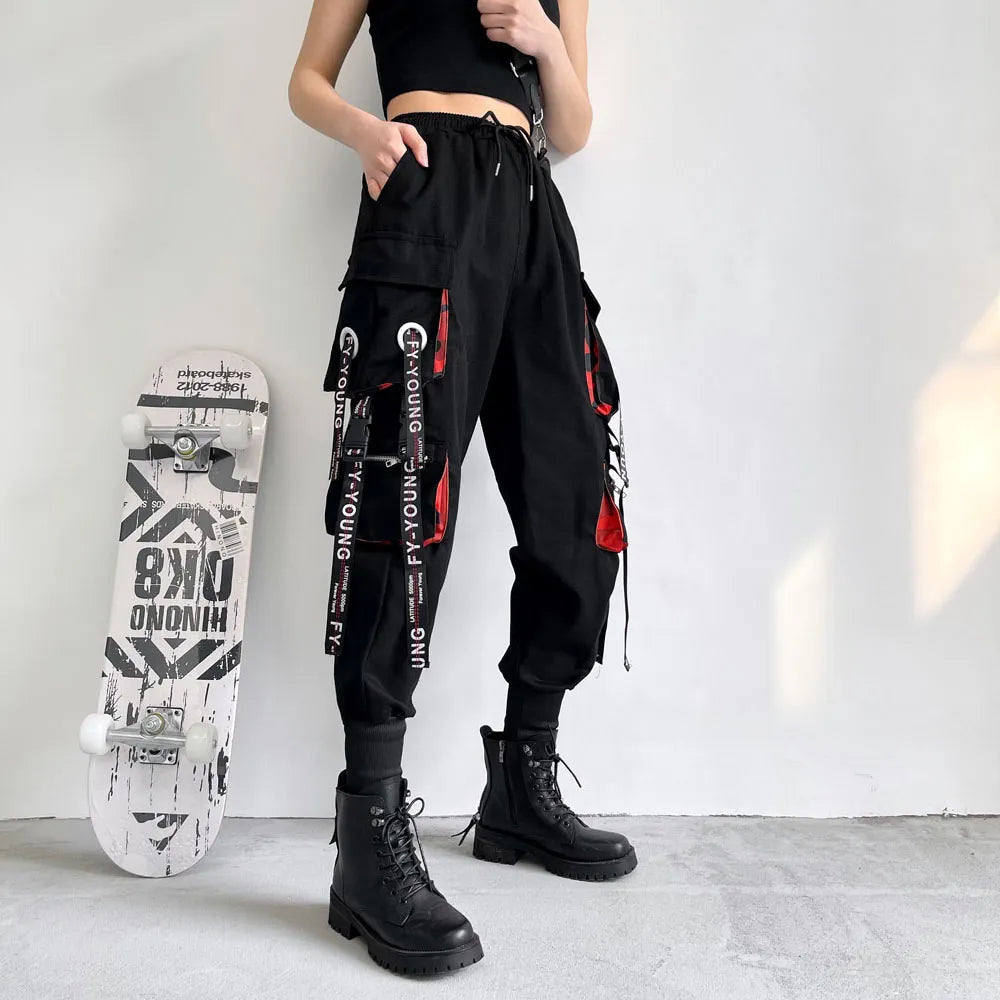 Gothic Harem Pants with Punk Pockets and Chain - Jogger Trousers