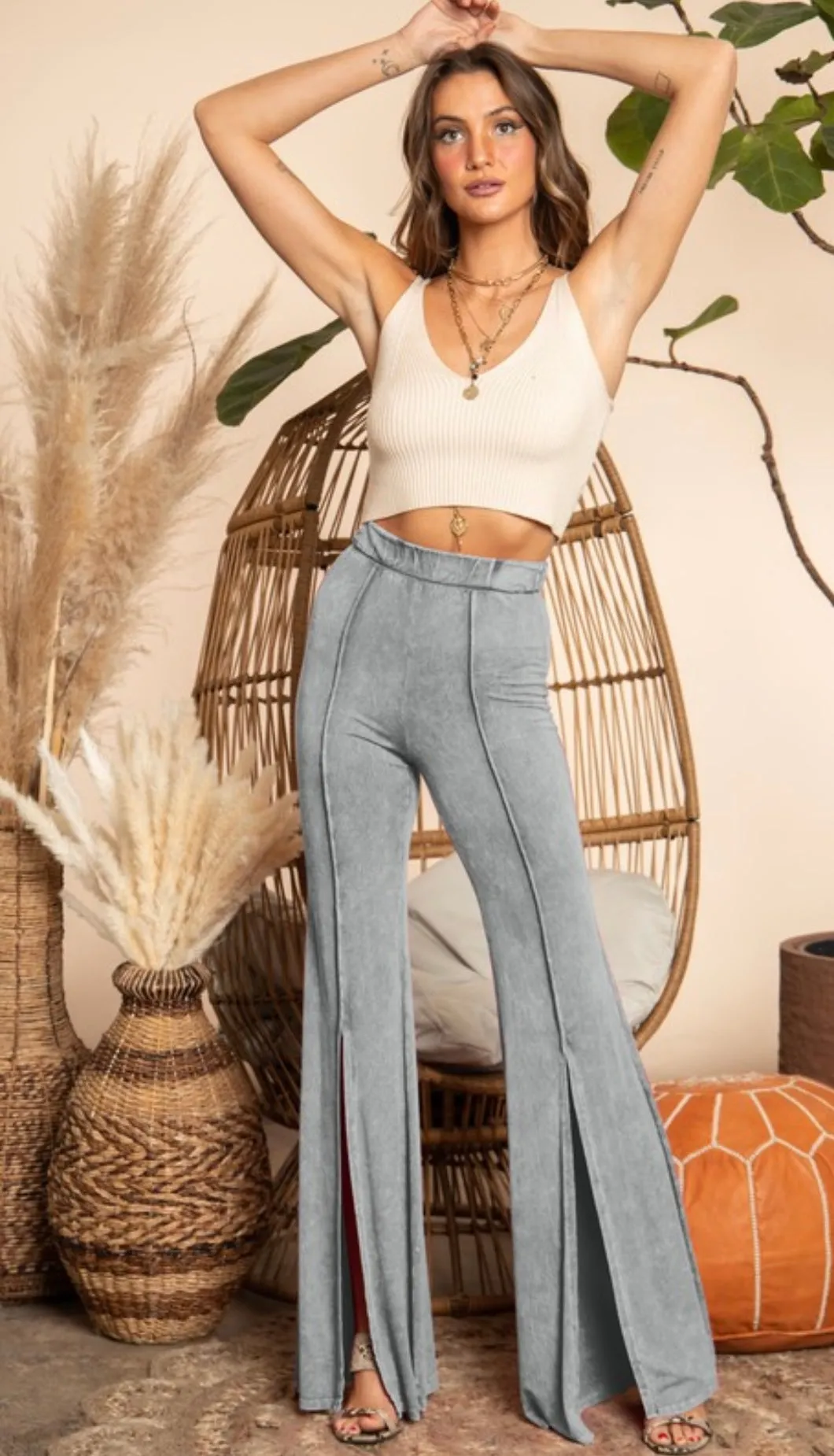 Grey Mineral Dyed Front Slit Detailed Pants