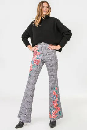 Ivory Flared Scuba Pants With Houndstooth and Floral Print