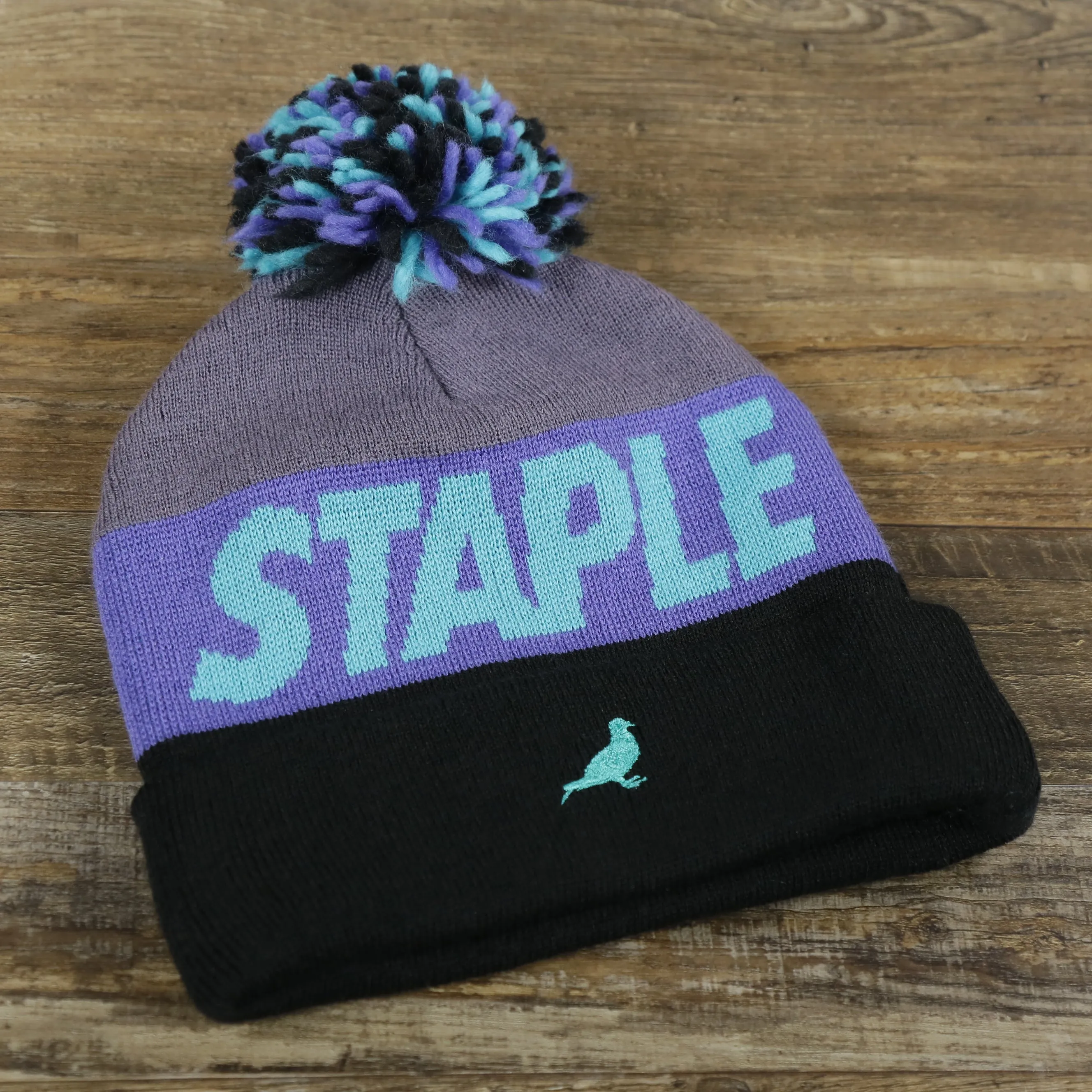 Jordan 8 Aqua Matching Staple Pigeon Winter Pom Pom Beanie | Gray, Black, And Purple Winter Beanie