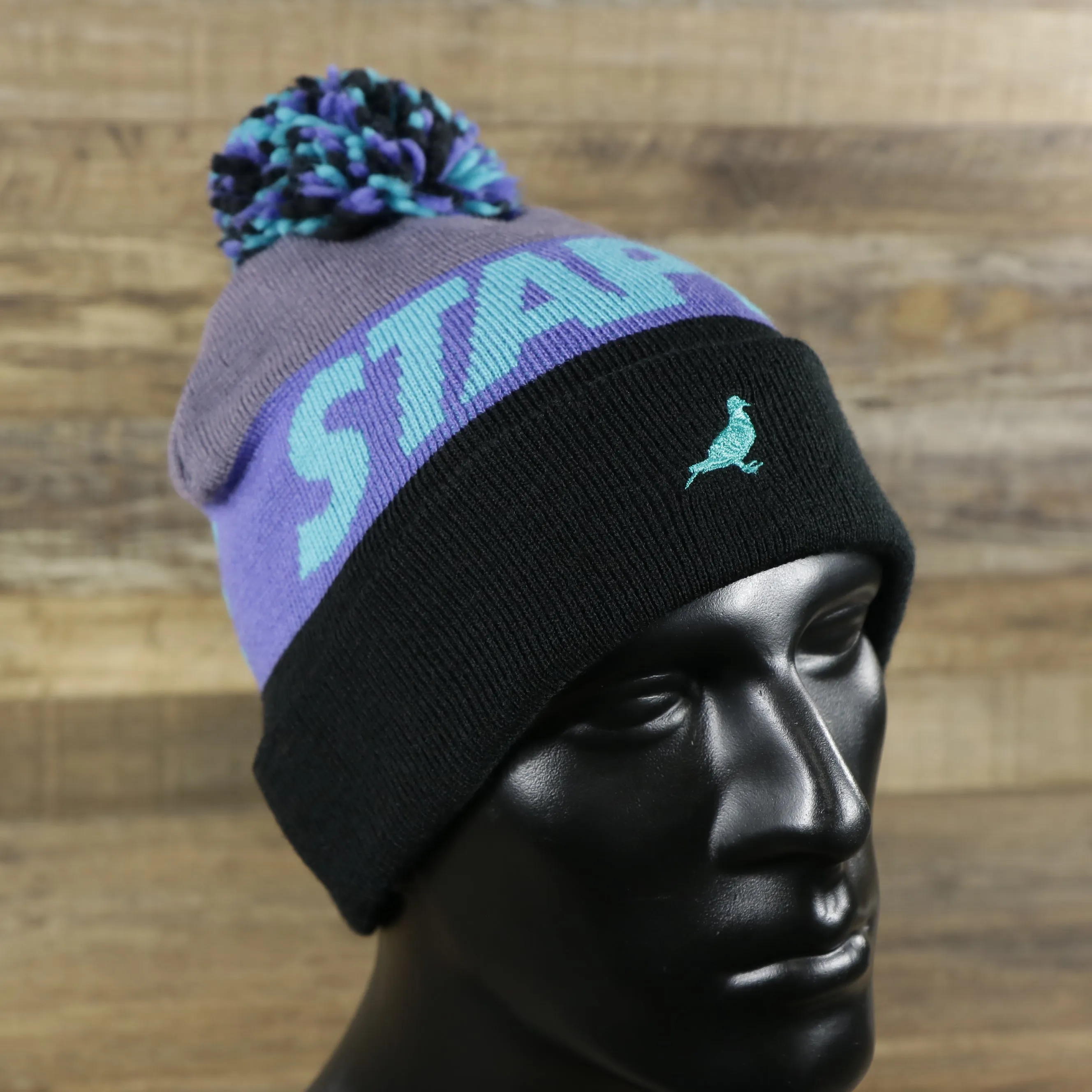 Jordan 8 Aqua Matching Staple Pigeon Winter Pom Pom Beanie | Gray, Black, And Purple Winter Beanie