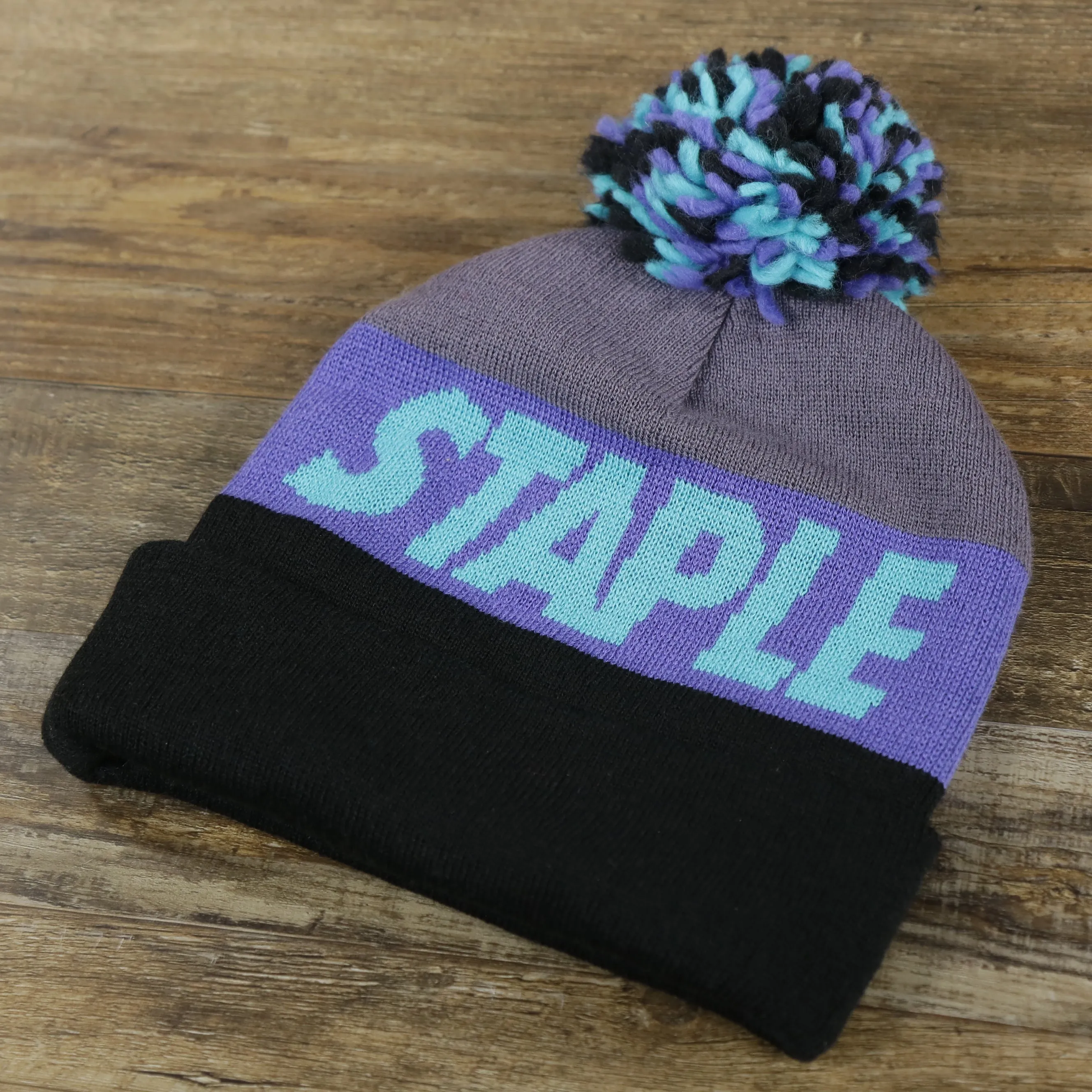 Jordan 8 Aqua Matching Staple Pigeon Winter Pom Pom Beanie | Gray, Black, And Purple Winter Beanie