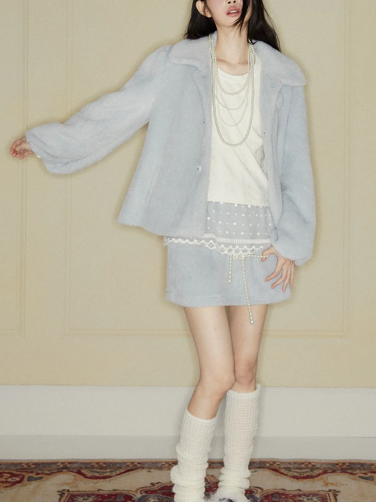 Knit Plain Fluffily Rtetro Winter Boa-Jacket＆Boa-Skirt