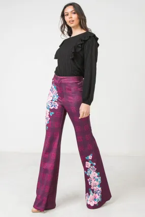 Magenta Flared Scuba Pants With Houndstooth and Floral Print