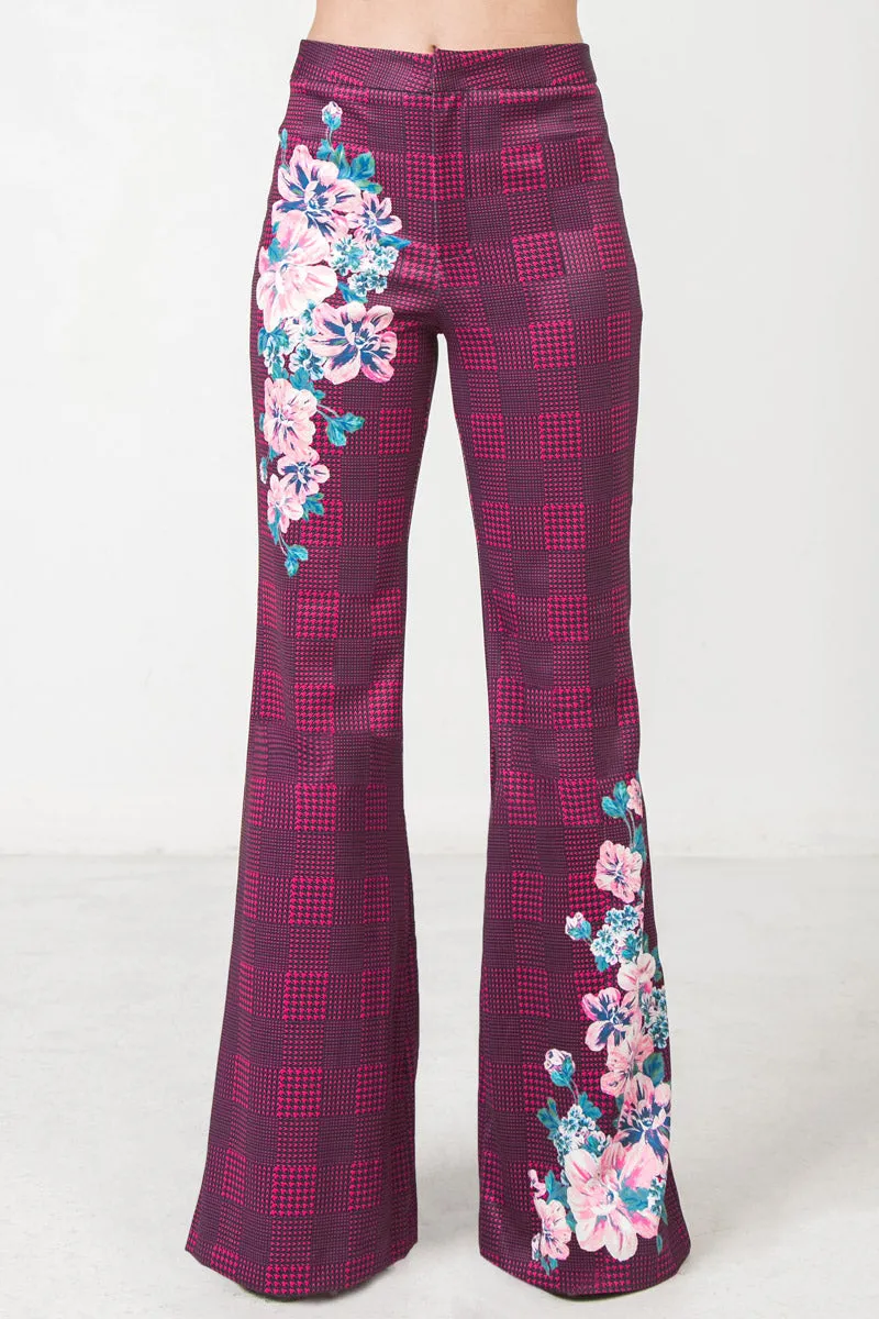 Magenta Flared Scuba Pants With Houndstooth and Floral Print