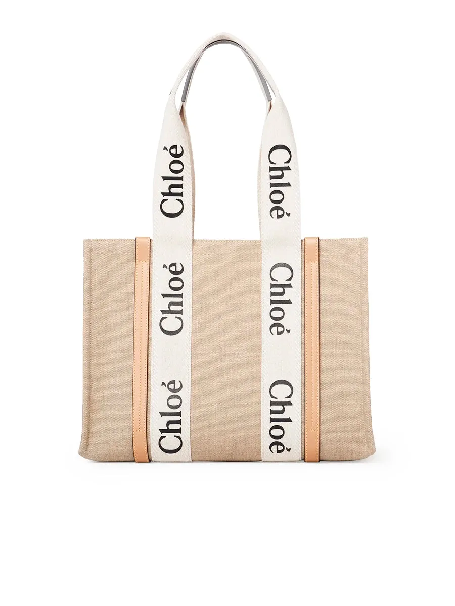 Medium Woody Tote Bag in White/Beige