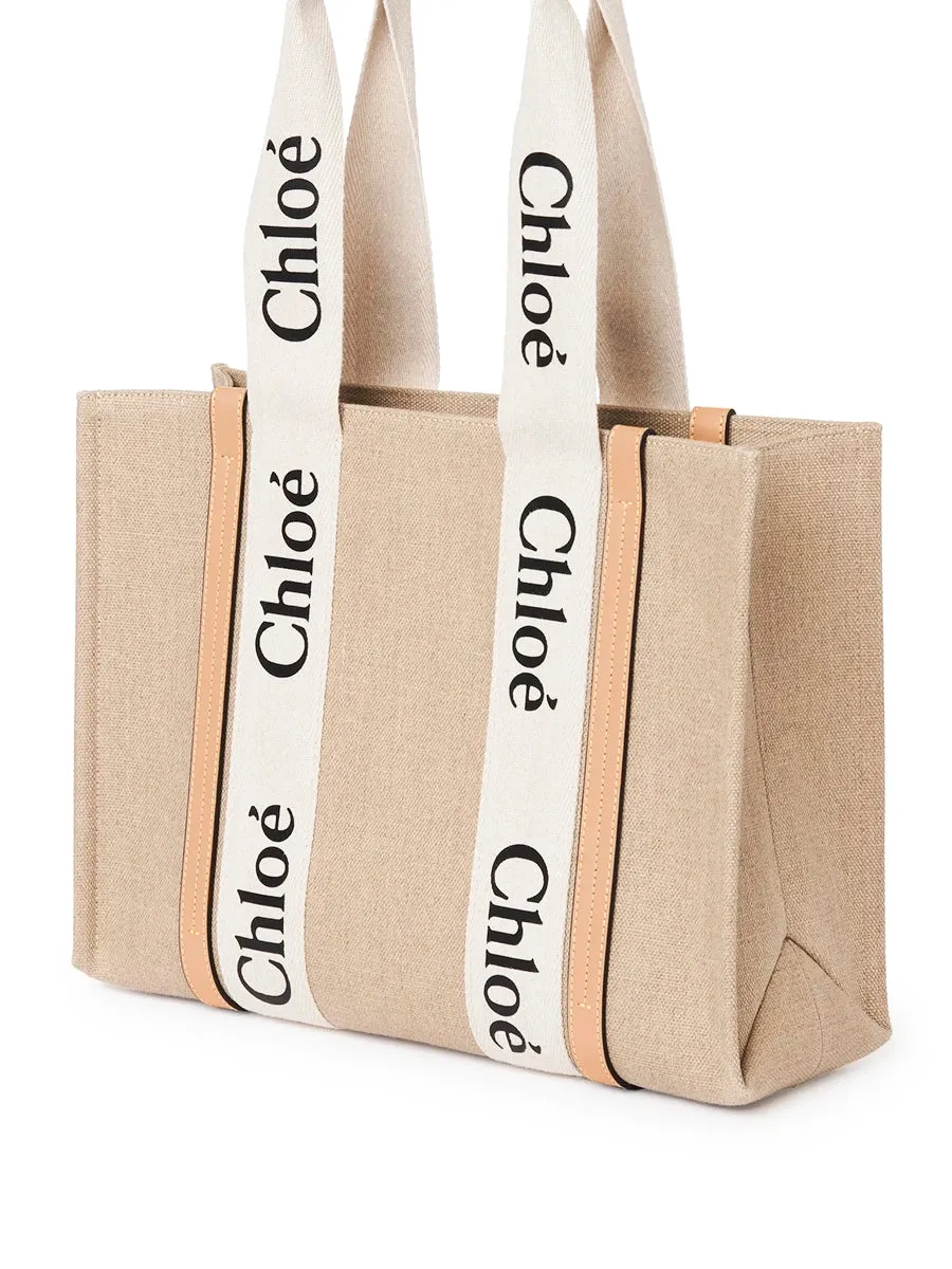 Medium Woody Tote Bag in White/Beige